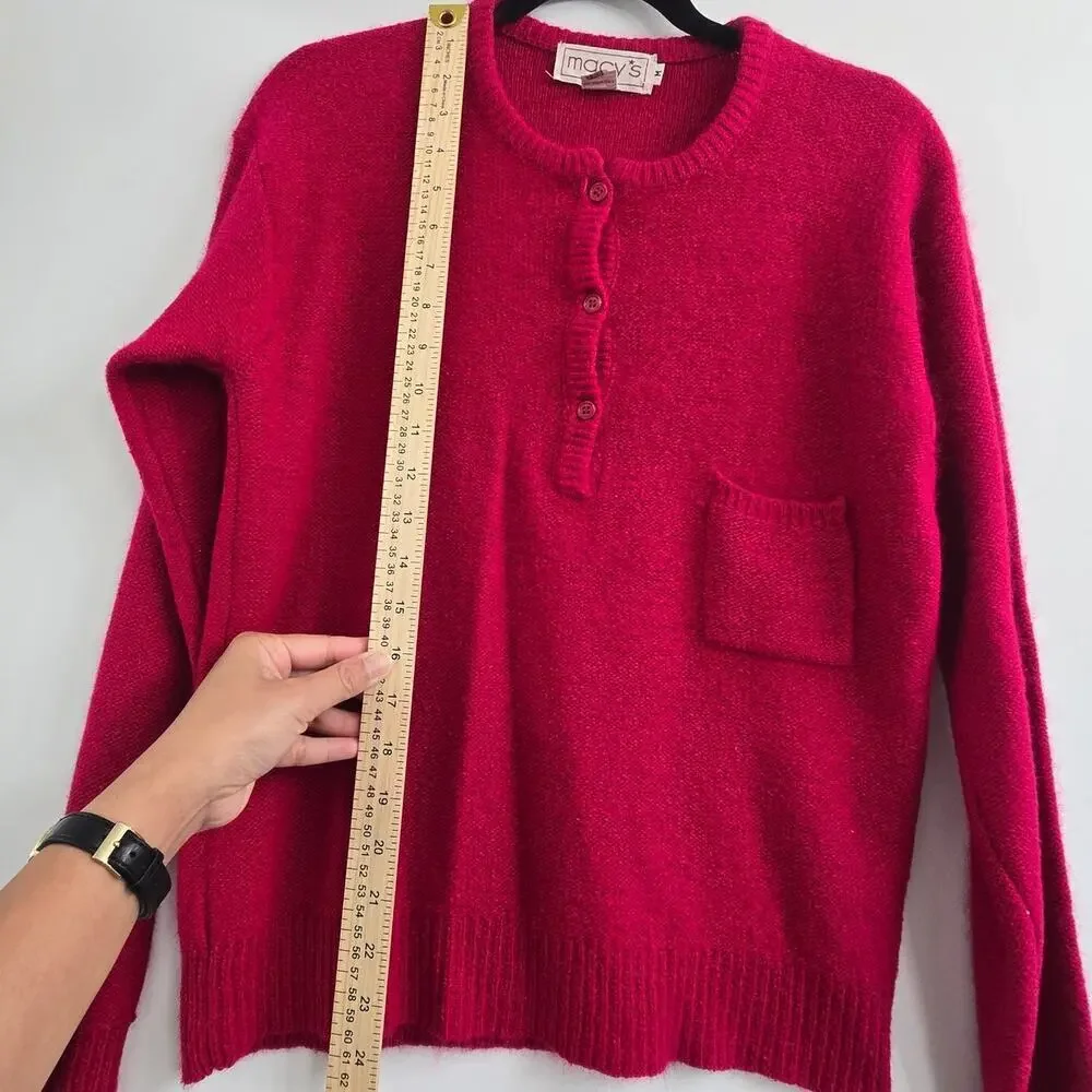 VTG Henley Sweater Red Sz M Silk Rabbit Hair Soft Cozy Y2K Minimalist Preppy